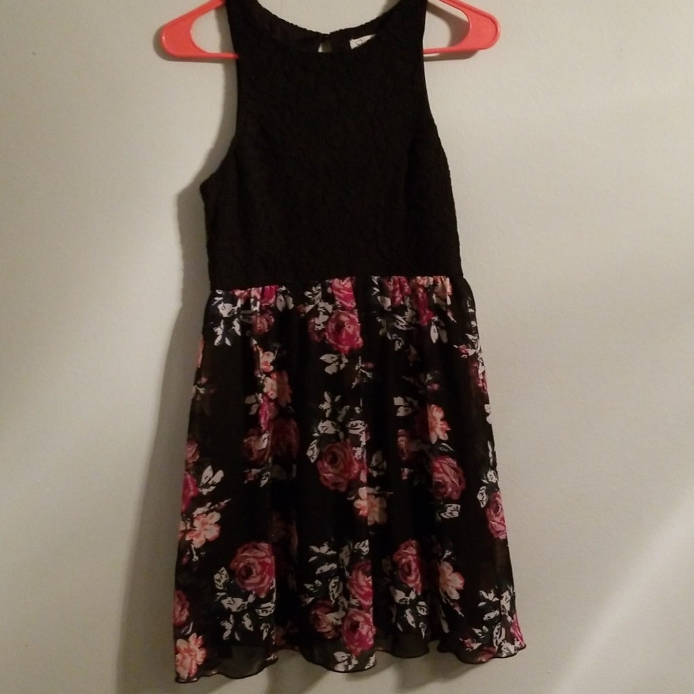 Dress, Black Lace Top w/ Sheer Floral Print